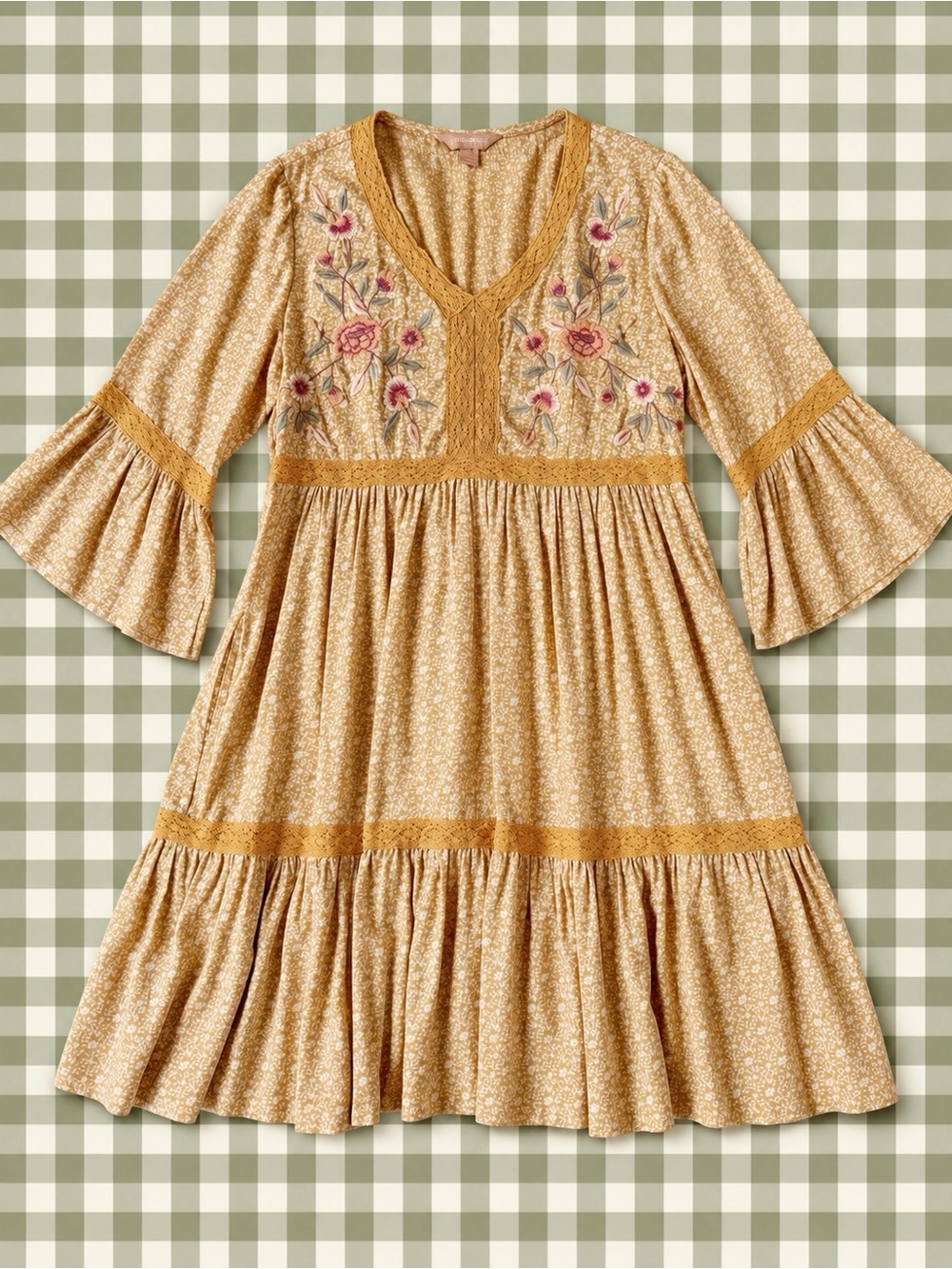 VTG April Cornell Woman Floral Embroidery Flare Sleeve Peasant Dress SMALL Folk